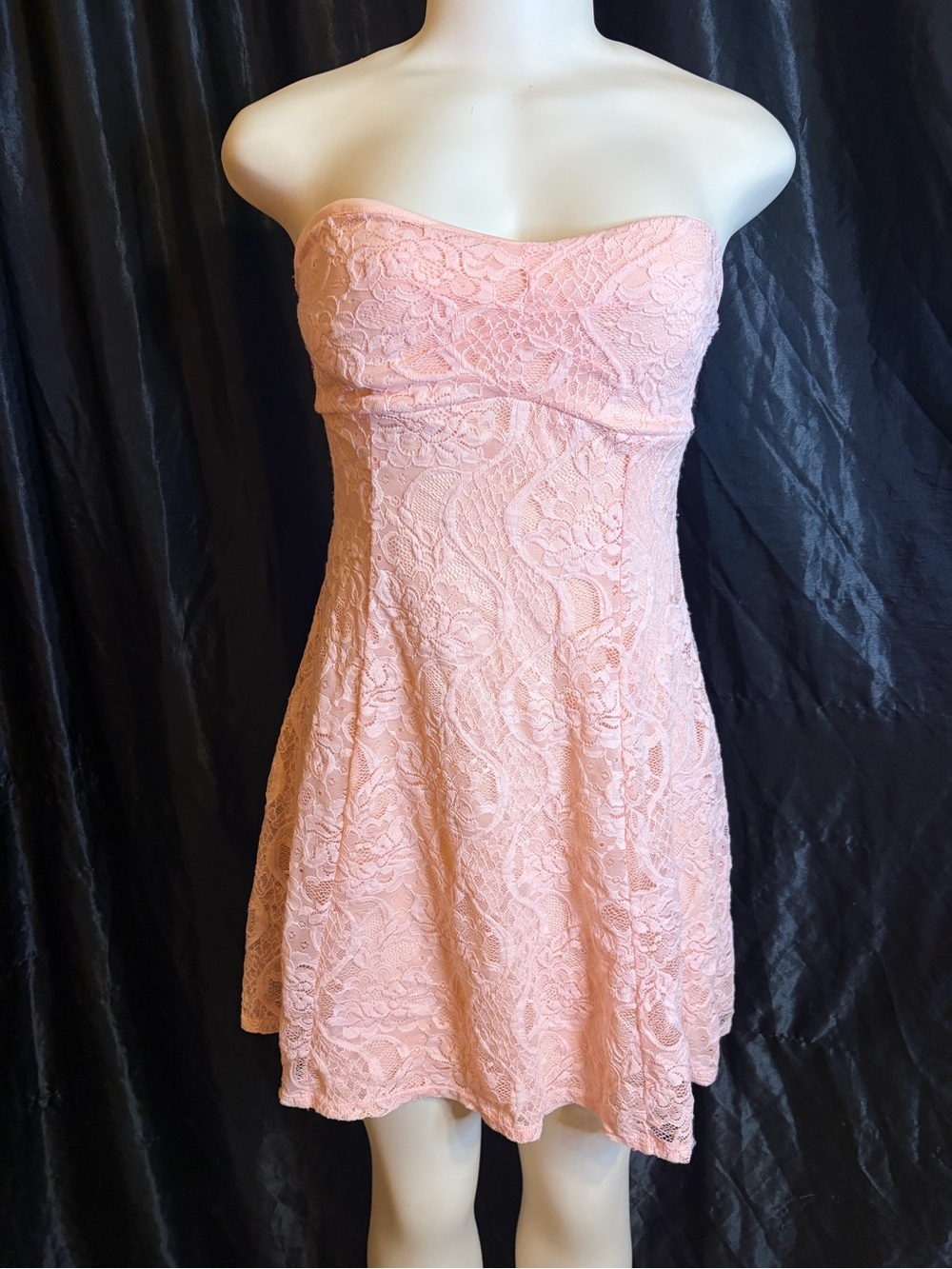 Strapless Lace Fit-and-Flare Dress in Blush Pink